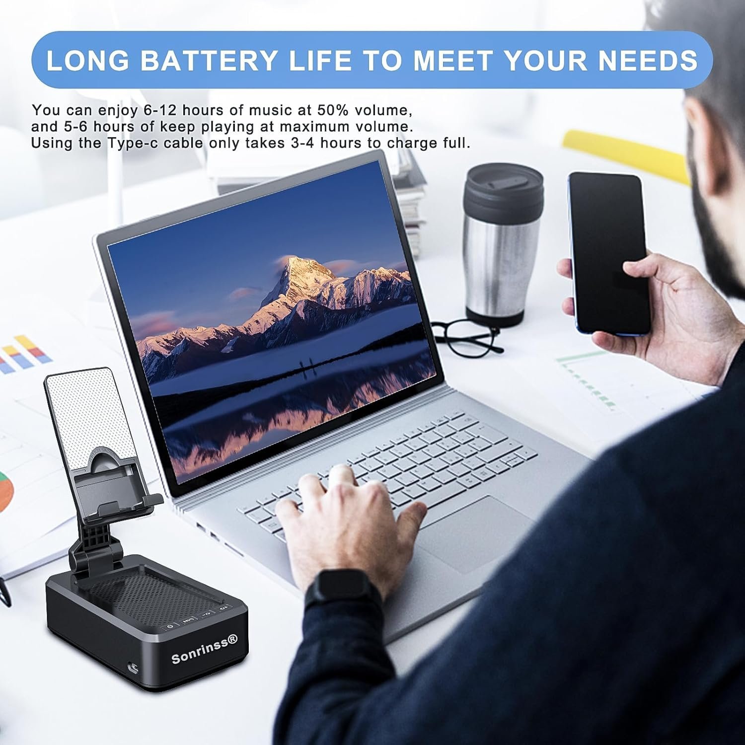 Cell Phone Stand with Wireless Bluetooth Speaker Compatible for Any Smartphones,Anti-Slip Design Phone Holder with HD Surround Sound Bluetooth Speaker for Home,Office,Outdoor - Image 4
