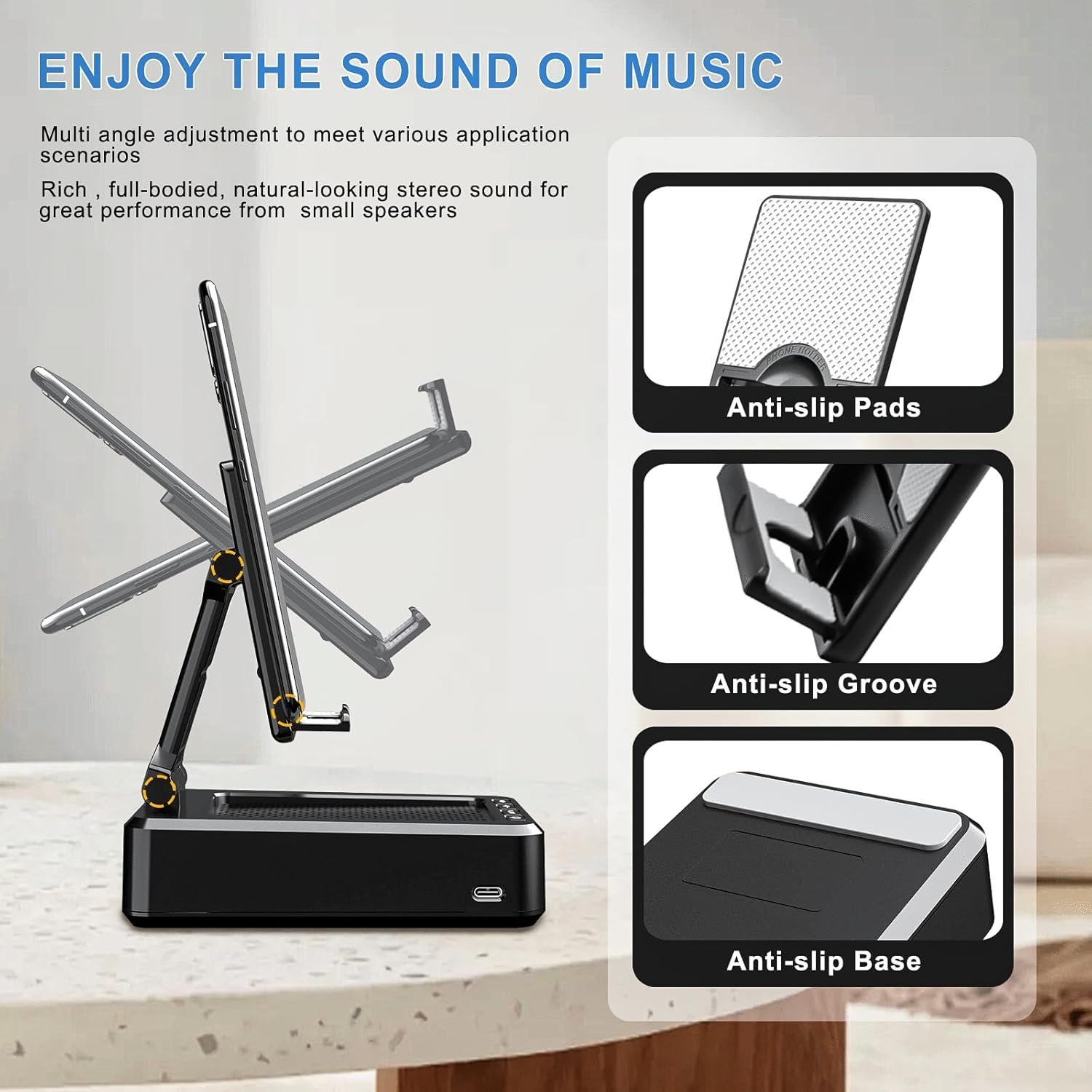 Cell Phone Stand with Wireless Bluetooth Speaker Compatible for Any Smartphones,Anti-Slip Design Phone Holder with HD Surround Sound Bluetooth Speaker for Home,Office,Outdoor - Image 8